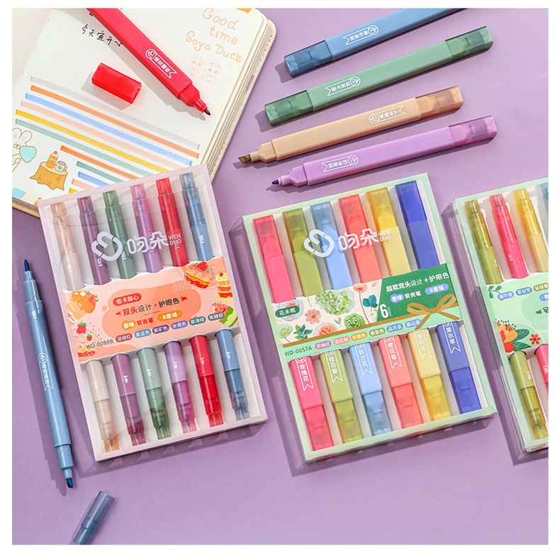 Set 6 Bút Đánh Dấu Hai Đầu Màu Dạ Quang