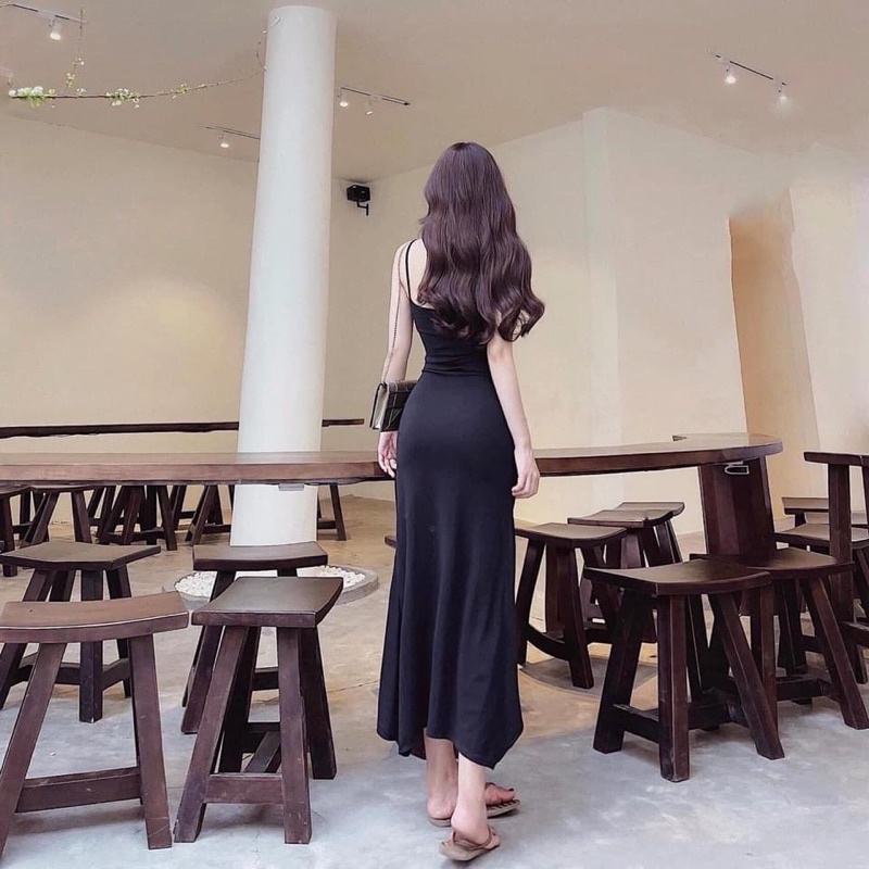Đầm 2 dây maxi kết hợp xẻ tà trước nhún thun thích hợp đi chơi đi biển
