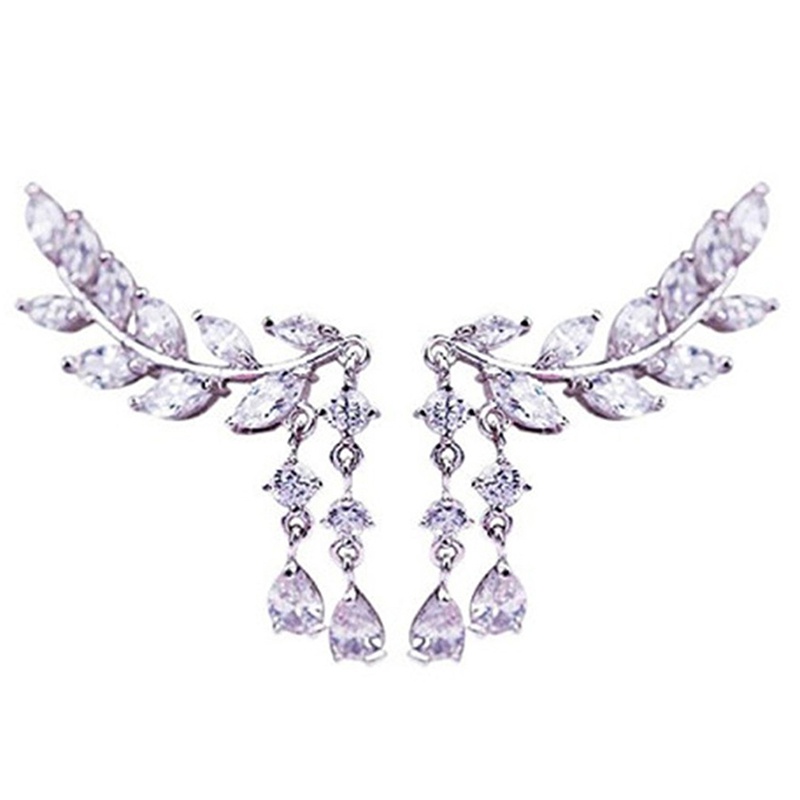 Hoa Tai Dáng Dài Hình Lá Đính Đá Phối Tua Rua Thời Trang