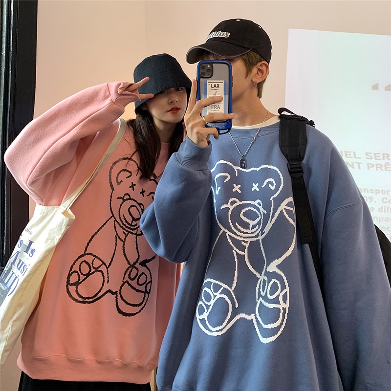 Áo cổ tròn in hình gấu dáng rộng size lớn thời trang mùa thu dành cho cặp đôi