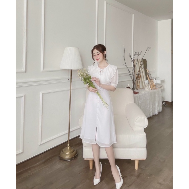 Đầm tiểu thư voan tơ nhẹ nhàng, bánh bèo, nữ tính cổ bèo may 2 lớp