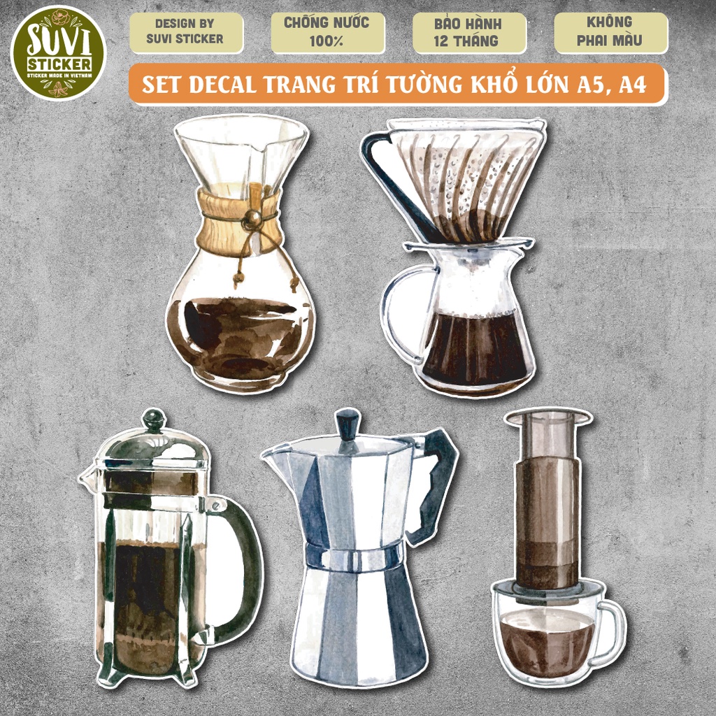 Decal Coffee Decor khổ lớn trang trí tường, dán kính, trang trí quán cà phê khổ A4, A5 chống nước. MSP: KL03
