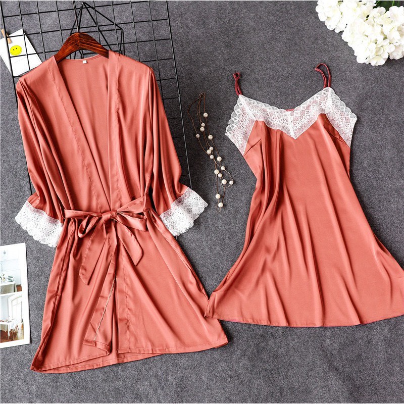 Hisexy Set Áo Khoác 2 Món Gồm Áo Khoác Và Đầm Ngủ Lụa Satin Cao Cấp - AK29MD29