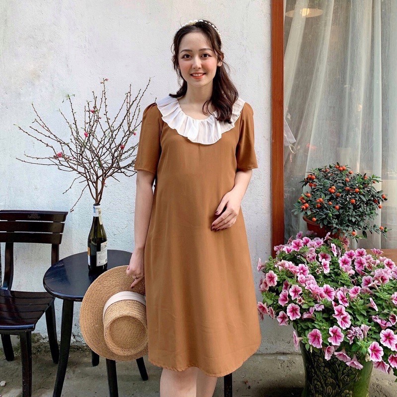 Đầm Bầu, Váy Bầu Thiết Kế Dáng Suông Phối Cổ Lụa Bèo Cực Sang Chảnh và Xinh Yêu - V21