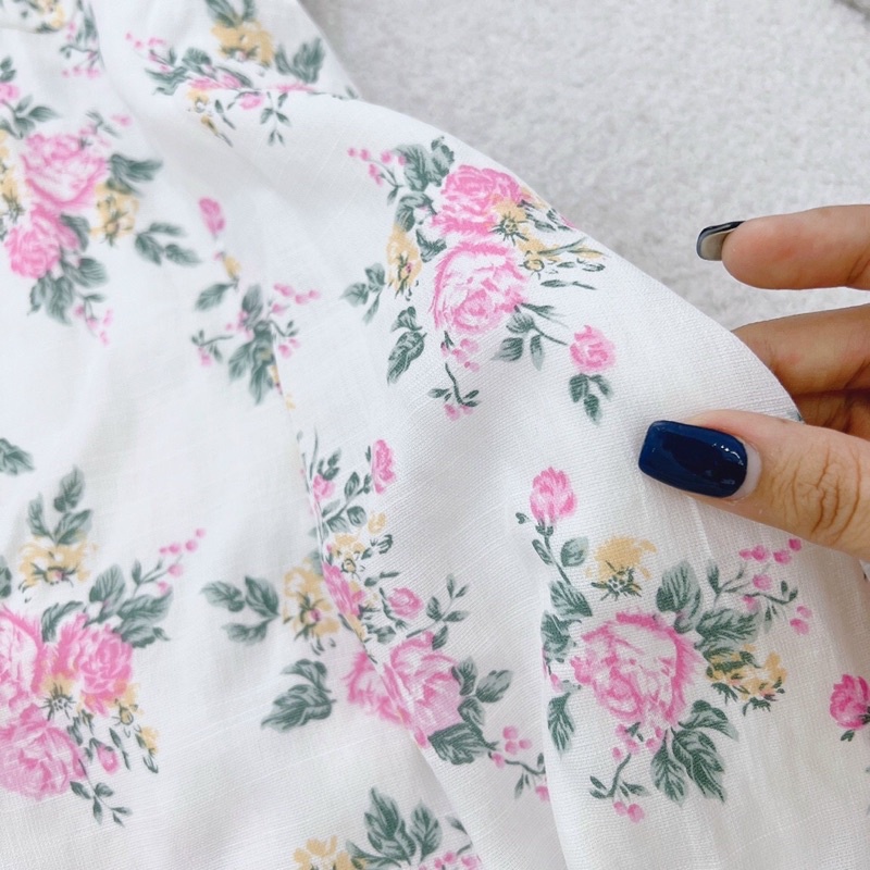 Đầm maxi hoa xanh xẻ tà tay phồng nhún ngực đi biển du lịch NÀNG CLOSET