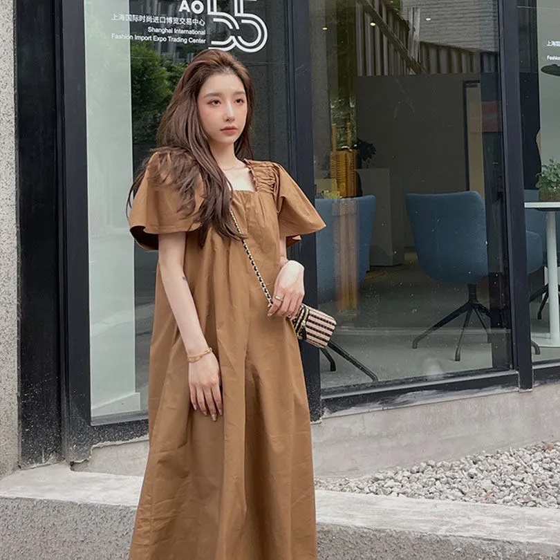 Đầm Midi Cổ Vuông Thời Trang Mùa Hè Hàn Quốc Cho Nữ