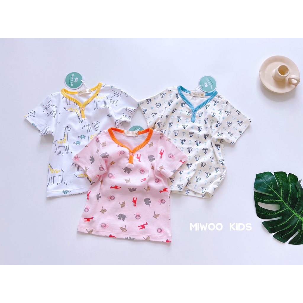 Bộ thun cotton Miwoo dài tay ngắn họa tiết phối viền cổ cho bé yêu