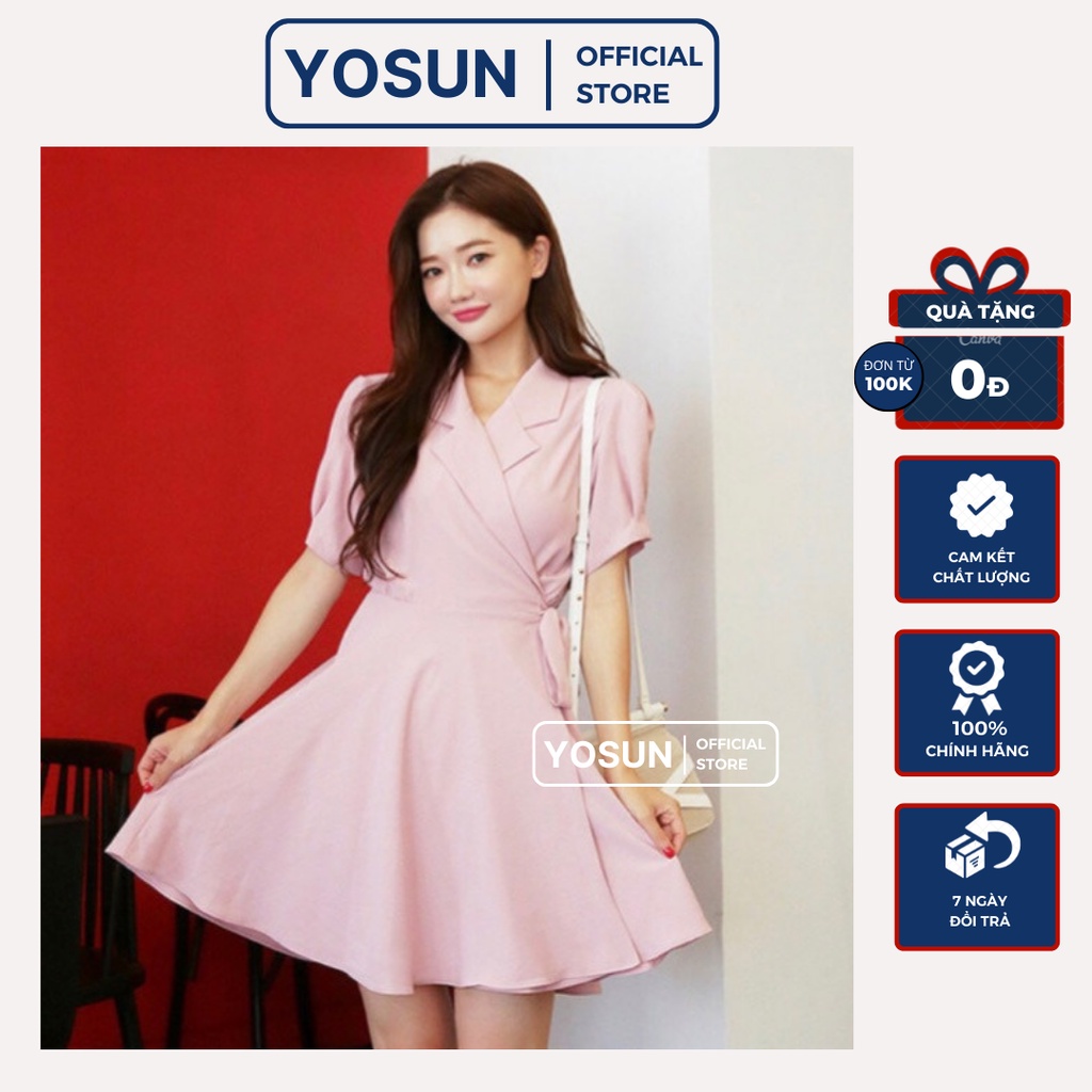 Đầm Nữ Dạo Phố Cổ Vest Đắp Chéo Ngực Thắt Nơ Hông Thanh Lịch, Đầm Nữ Form Ngắn Dáng Xòe Màu Hồng
