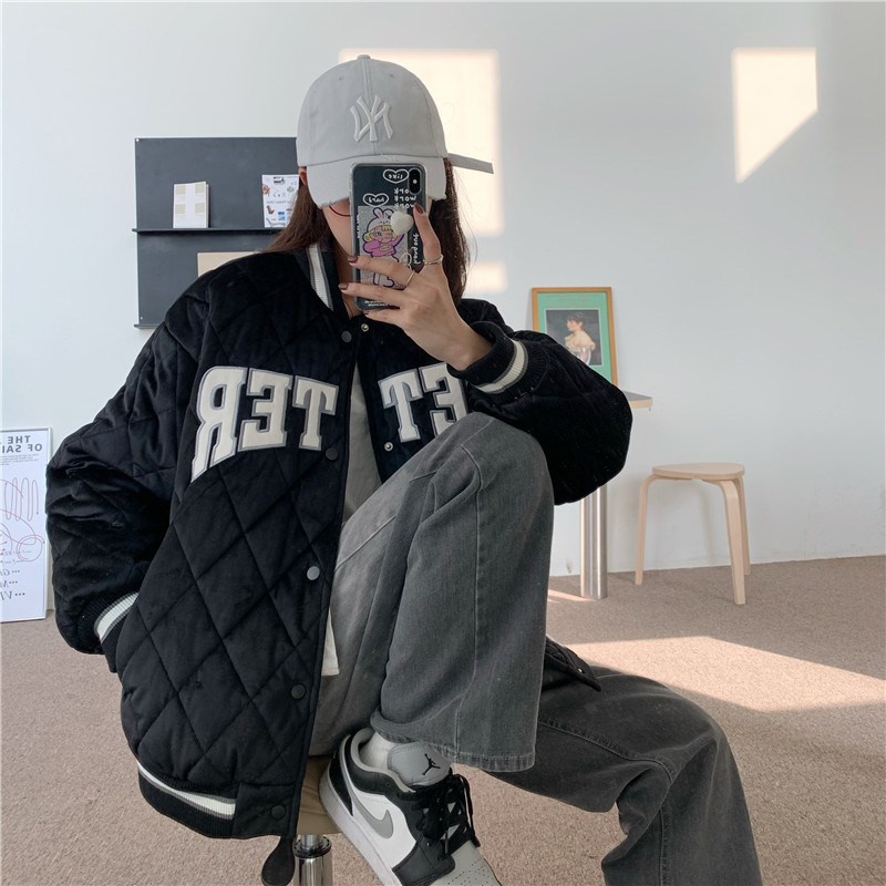 IELGY  Áo Khoác Bóng Chày Bằng cotton Dày Dặn Thêu Chữ Phong Cách Harajuku Dành Cho Nữ