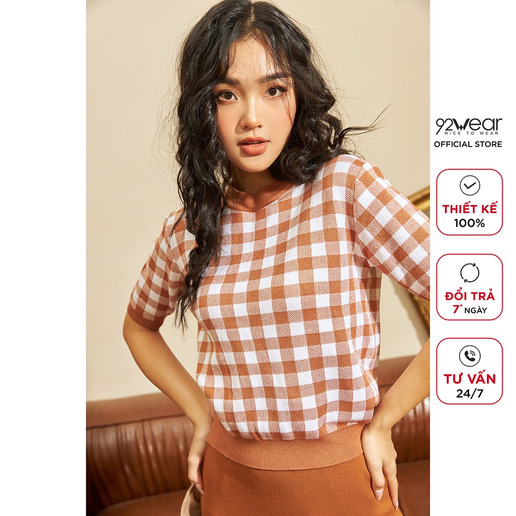 Áo len nữ ngắn tay cổ tròn 92WEAR, phong cách Hàn Quốc trẻ trung, họa tiết caro cá tính  ALA0056 | BigBuy360 - bigbuy360.vn