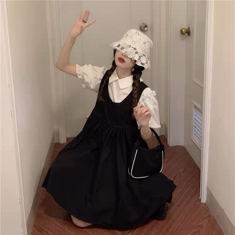 💃 Đầm Yếm Nữ Đen Phối Màu Chất Đũi Váy Yếm Nữ Ngắn Tay Dáng Lửng | BigBuy360 - bigbuy360.vn