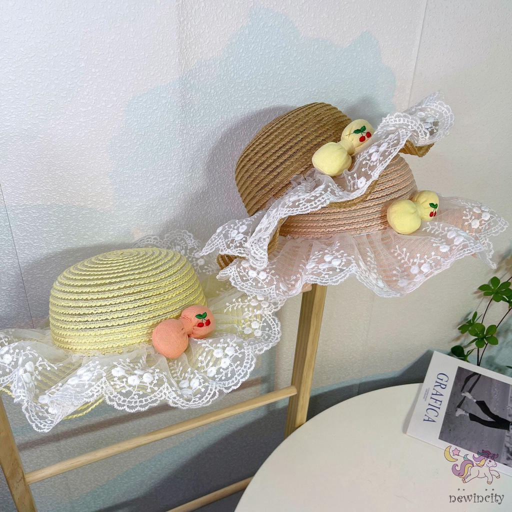 Nón Cói Vành Rộng Phối Ren Thoáng Khí Đính Nơ Họa Tiết Quả Cherry Phong Cách Hàn Quốc Cho Bé Gái