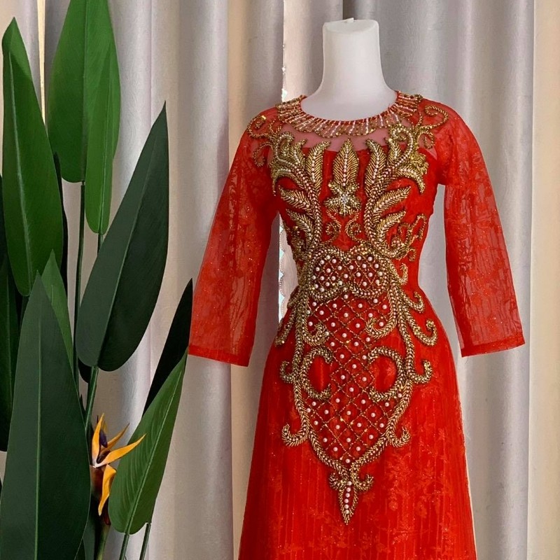 Áo Dài Mẹ Cô Dâu - Áo Dài Sui Gia Màu Đỏ Tươi Kết Kim Sa Sang Trọng ADM013