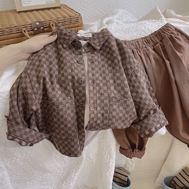 Áo Sơ Mi Caro Chất Liệu Cotton Mềm Mại Phong Cách Retro Hàn Quốc Cho Bé Trai