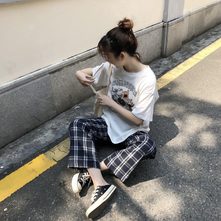 SUXI Quần Lưng Cao Dáng Rộng Họa Tiết Kẻ Sọc Theo Phong Cách Retro