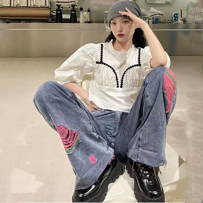 ☢Quần Jeans Nữ Lưng Cao Ống Rộng Rách Gối Cá Tính