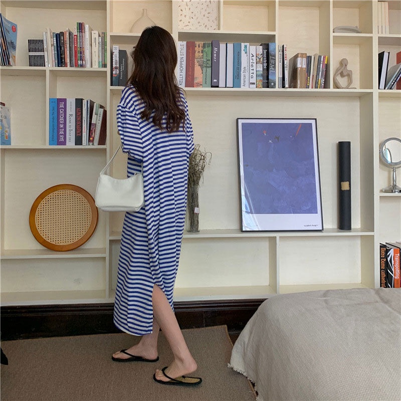 Đầm dài XINLANYASHE dáng chữ A ôm eo cổ tròn tay ngắn kẻ sọc màu tương phản cỡ lớn phong cách Hàn Quốc váy thiết kế tay bồng