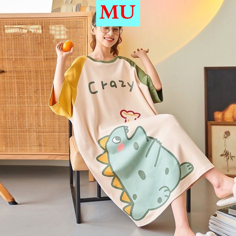 Đầm ngủ vải cotton plus size thời trang xuân thu cho mẹ bầu