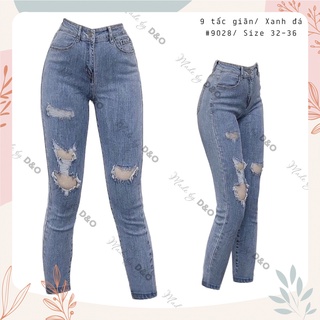 Quần jeans rách 9 tấc 9028, lưng cao qua rốn, co giãn mạnh