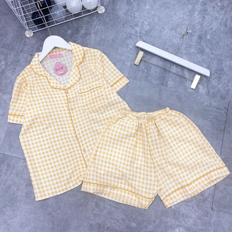 Bộ pijama áo cộc quần đùi hoạ tiết kẻ ô, Đồ mặc nhà nữ kẻ xinh