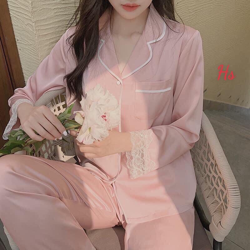 Bộ pijama lụa dài phối ren , bộ ngủ 2 màu hồng xanh có kèm bịt mắt | BigBuy360 - bigbuy360.vn