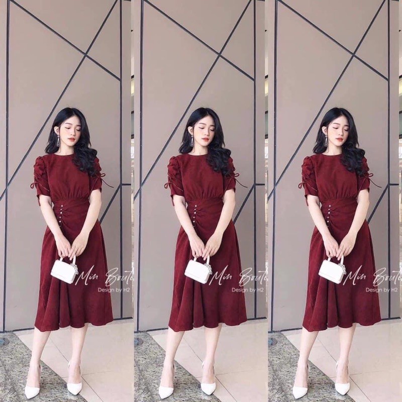 💖HOT TREND💖 Váy Đỏ Nhung Sang Trọng, Đầm Dự Tiệc Dáng Dài Qua Gối, Vải Nhung Tăm 💕𝑭𝒓𝒆𝒆𝒔𝒉𝒊𝒑💕