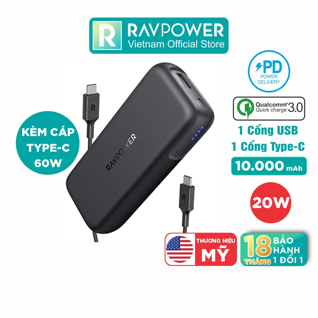 Pin Sạc Dự Phòng 10000mAh Nhỏ Gọn RAVPower RP-PB186 Type C PD 20W, QC 3.0 Kèm Cáp Type C to C 60W - Hàng Chính Hãng