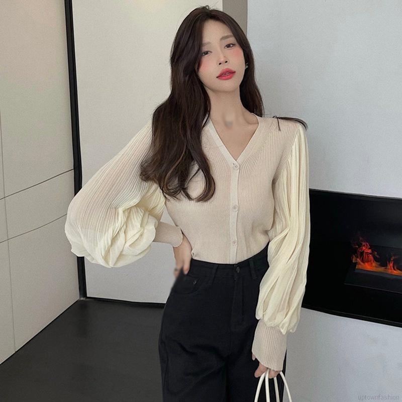 Áo kiểu cardigan dệt kim cổ V tay phồng cài nút thanh lịch thời trang xuân thu cho nữ