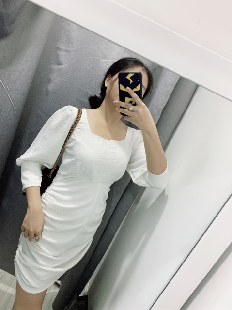 Đầm Linen Trắng gân cổ vuông ôm body - Saria Dress