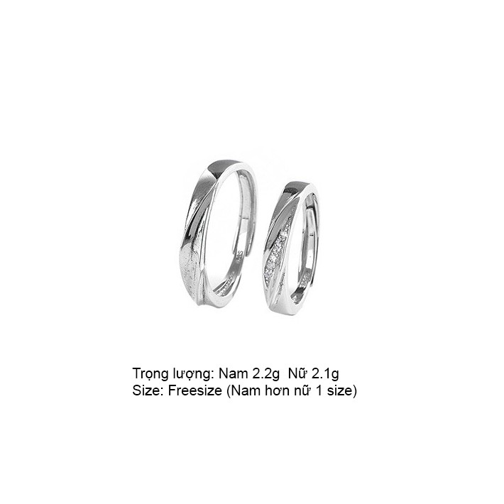 [Freeship] Nhẫn Đôi Xoắn Thừng Đính Đá Bạc 925 NDVAC005 Twenty Silver. Nhân Đôi Bạc Tình Yêu