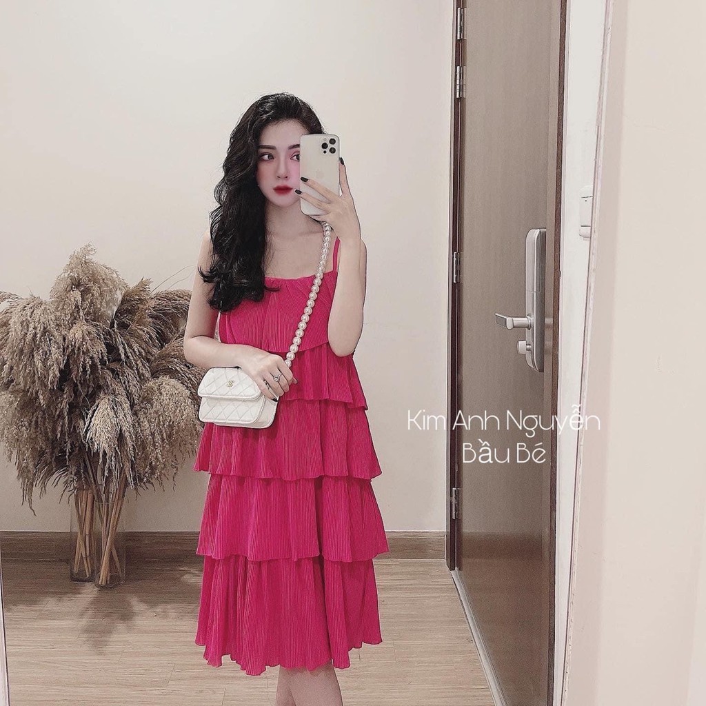 Váy Hồng Sen Dập Ly 5 Tầng