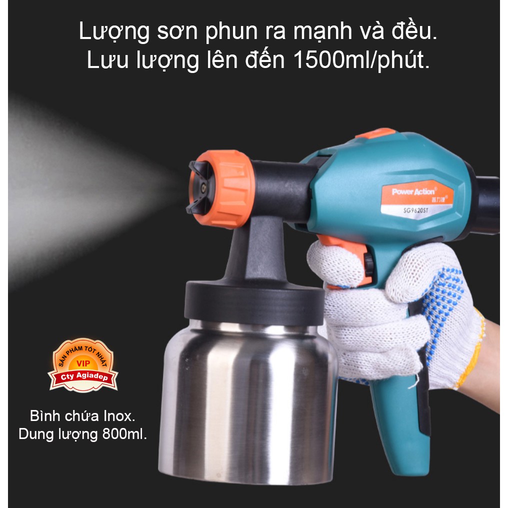 Máy phun sơn siêu xịn PowerAction 1200W Loại to mạnh mẽ (1 Bình kim loại 1 Bình nhựa 4 đầu phun) SG9620ST