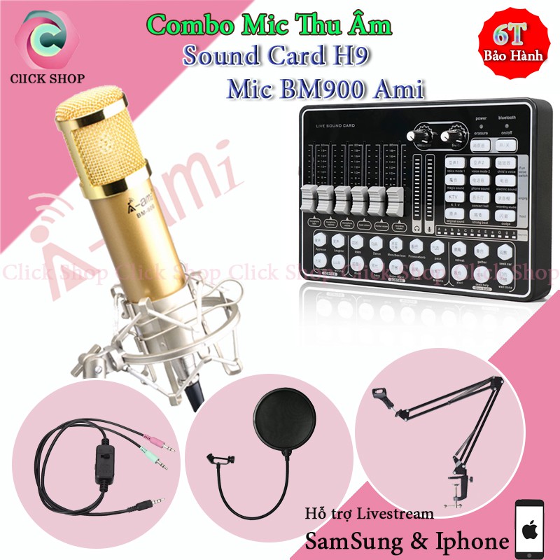 Combo Sound Card H9 Có Bluetooth Mic Thu Âm BM900 Ami Chân Đế Màng Lọc Dây Livestream MA2