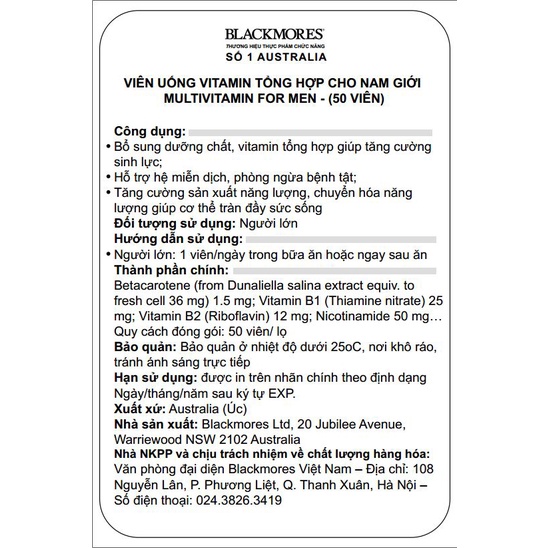 Vitamin tổng hợp Multivitamin for Men Exclusive Blackmores 50, 60 viên giúp tăng cường sức đề kháng, sinh lực nam giới