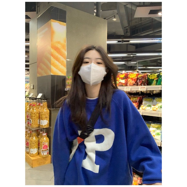 COZOK Áo sweater tay dài cổ tròn dáng rộng phong cách Hàn Quốc