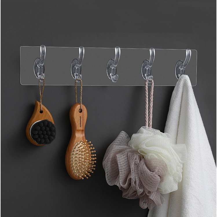 Thanh Treo Đồ Dán Tường 6 Móc Trong Suốt Siêu Dính, Móc Treo Nhà Bếp Nhà Tắm Đa Năng