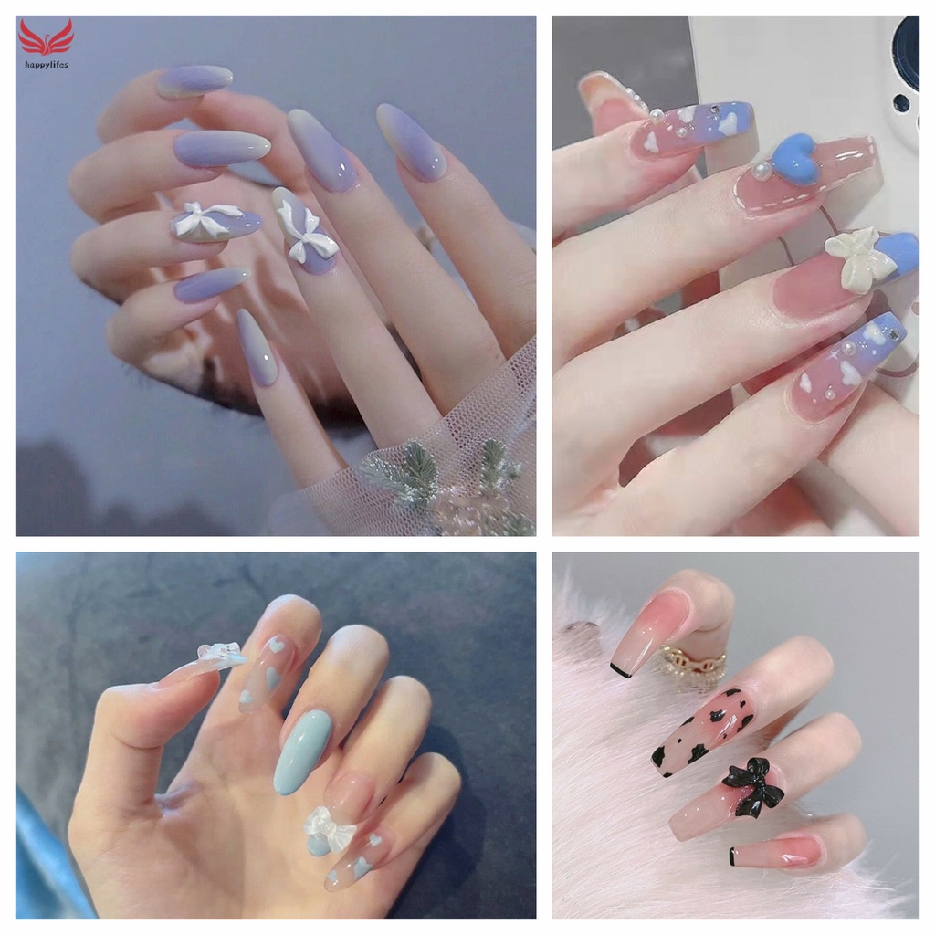 Set 24 Móng Tay Giả dài trong suốt đính nơ đá Gắn Nơ Xinh Xắn Thời Trang Cá Tính Cho Nữ móng giả đính nơ Kèm Keo Dán