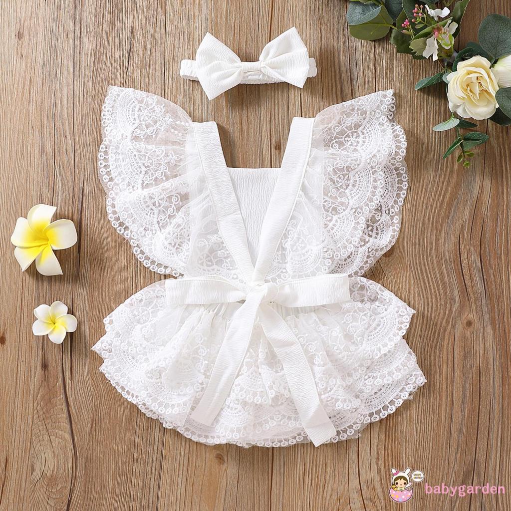 BABYGARDEN-0-24months Baby Girls Summer Lace Romper Sweet Style Flower Pattern Fly Sleeve Layered Skirt Splicing Jumpsuit + Headwear