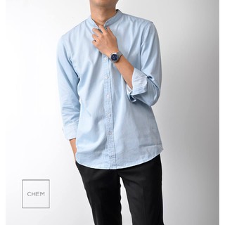 Áo sơ mi denim cổ trụ xanh bạc