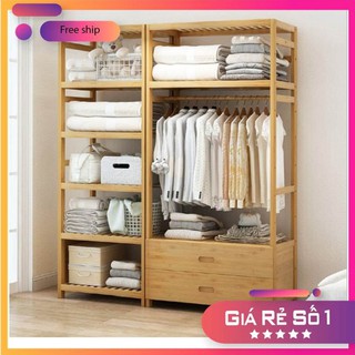 Combo tủ quần áo gỗ tre dài 70cm và kệ gỗ tre, tủ quần áo gỗ siêu bền TUR073
