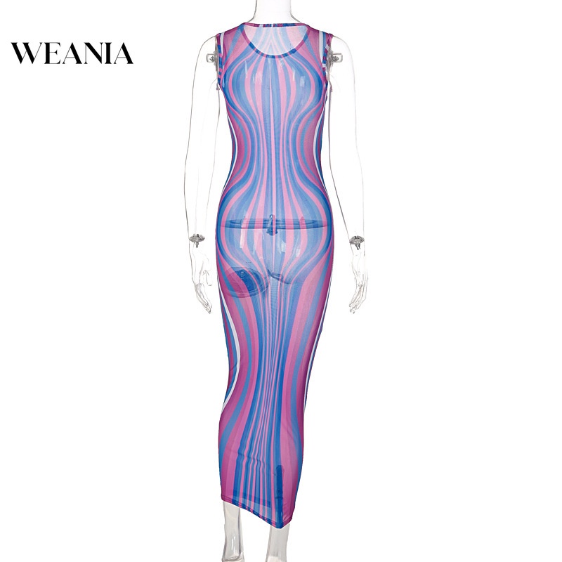 Đầm Dài Dáng Ôm Phối Lưới Kẻ Sọc Thời Trang Quyến Rũ Cho Nữ