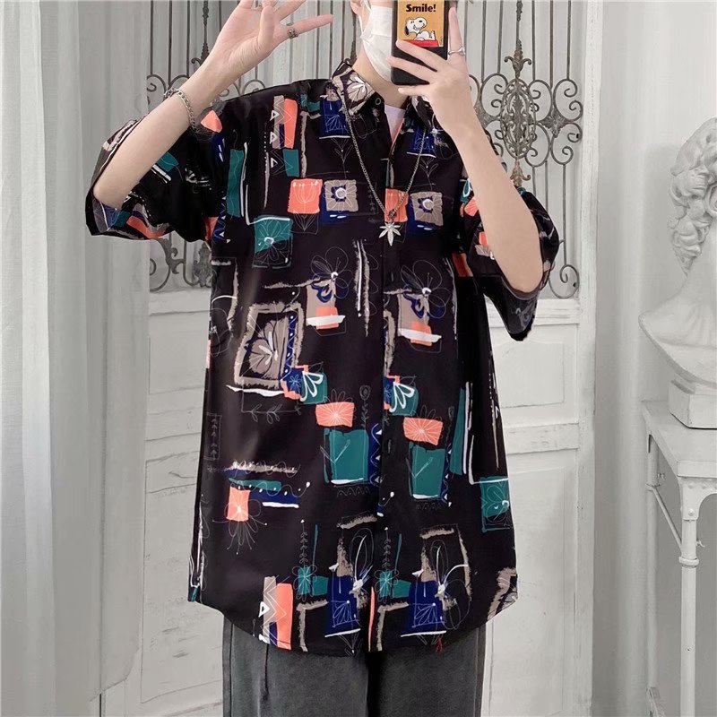 Korean Style Retro Floral Pattern Short Sleeve Men's Shirt