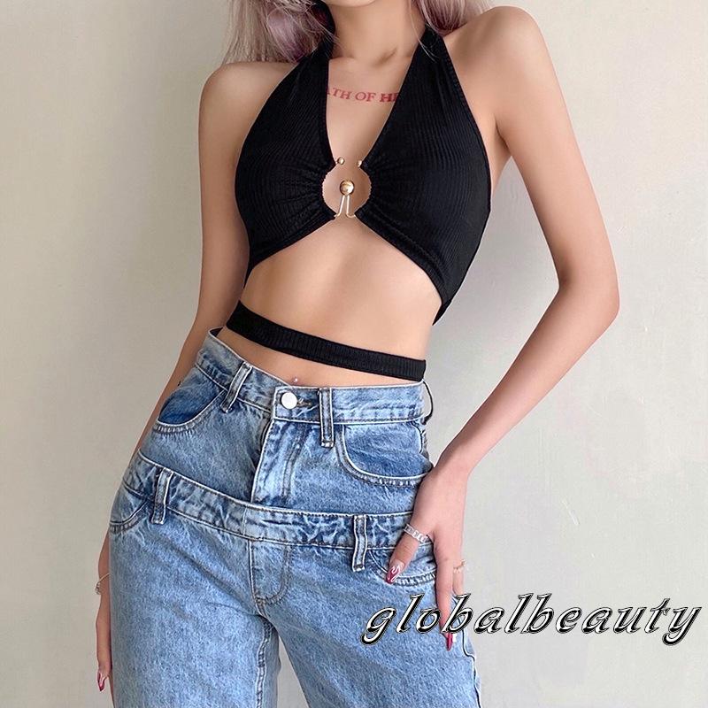 Áo croptop sát nách màu trơn thiết kế dây đan chéo quyến rũ