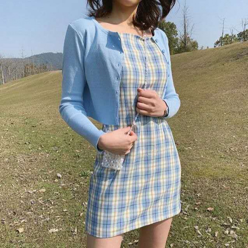 Vintage and Little Fresh Plaid Dress Women's Summer Korean Style Student Sleeveless Bottoming Suspender Dress Slim Fit Figure Flattering Short Skirt