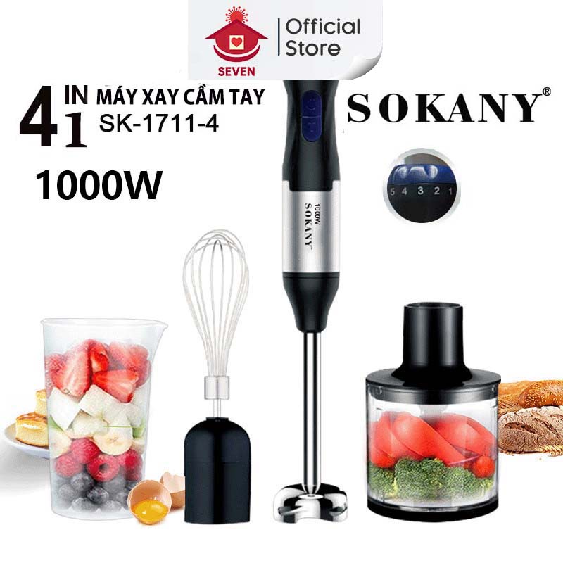 Máy Xay Cầm Tay Đa Năng 4 in 1 SOKANY SK-1711-4 1000W - Máy Xay Sinh Tố 5 Chế Độ Kèm Đánh Trứng, Xay Thịt, Xay Hạt, Bột