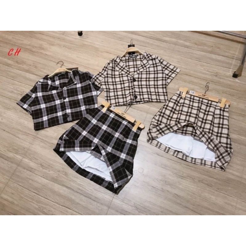 ⚡ Sét váy đầm nữ ⚡Áo croptop kẻ mix chân váy kèm quần trong ⚡Đủ 3 màu chất đẹp