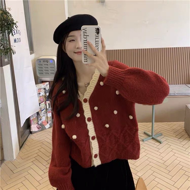 Áo Cardigan Len Lông Thỏ Nữ Đỏ Và Trắng Họa Tiết Chấm Bi Thời Trang