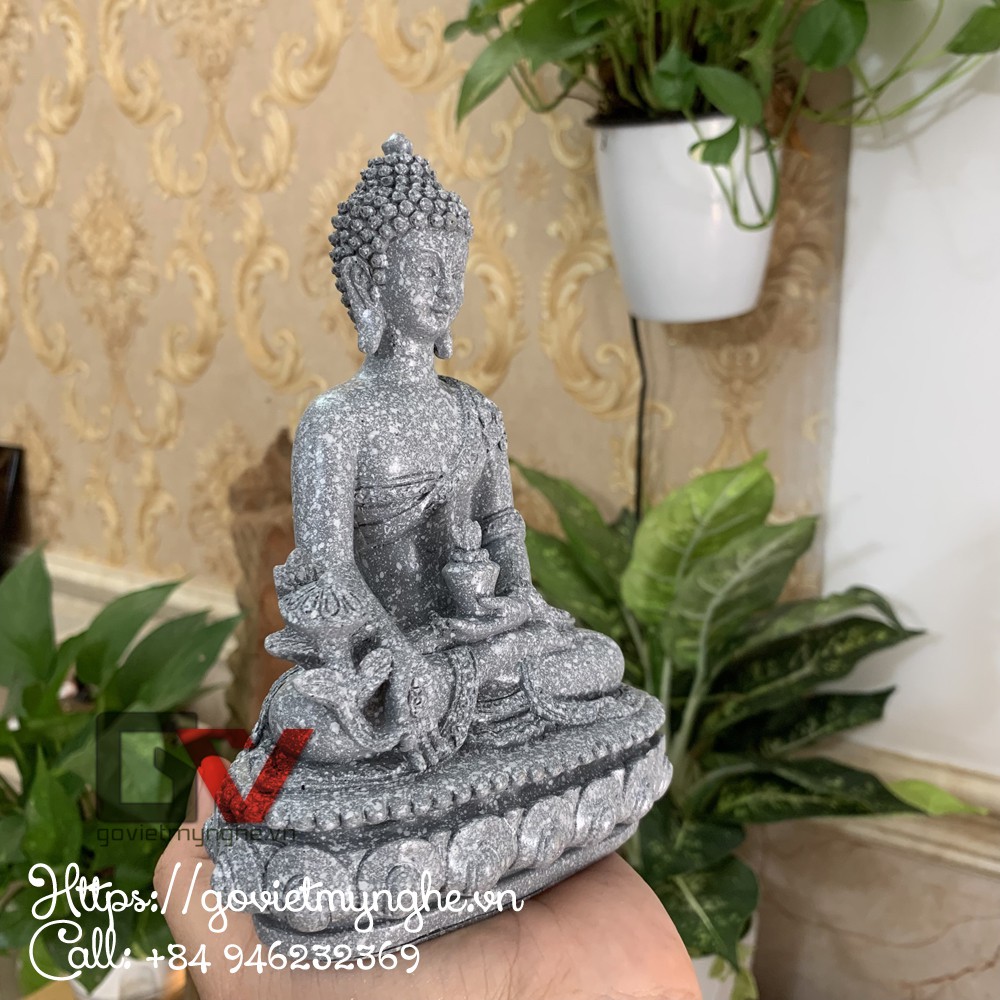 Tượng đá đức Phật Dược Sư trang trí ngồi thiền trên đài sen quà tặng phật giáo  - Chiều cao tượng 16cm - Màu xám