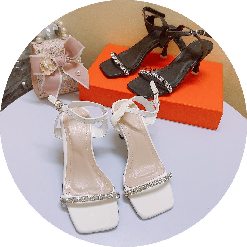 Free ship Giày cao gót, Sandal cao gót quai mảnh đá gót nhọn 7p da lì đi xinh xỉu