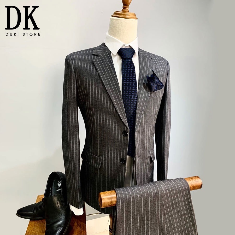 Bộ vest nam công sở 2 cúc sọc kẻ xám đẹp - DUKI STORE
